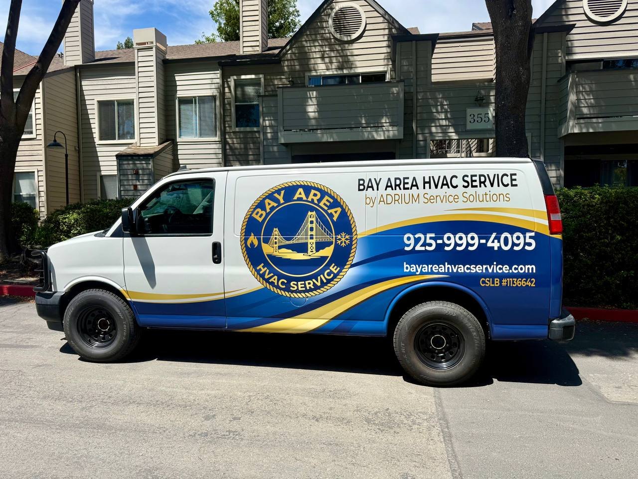 Bay Area HVAC Service van — fully branded with phone (925) 999-4095 and CSLB #1136642