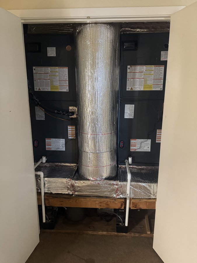 Newly installed dual Goodman air handlers after full system replacement, Morgan Hill