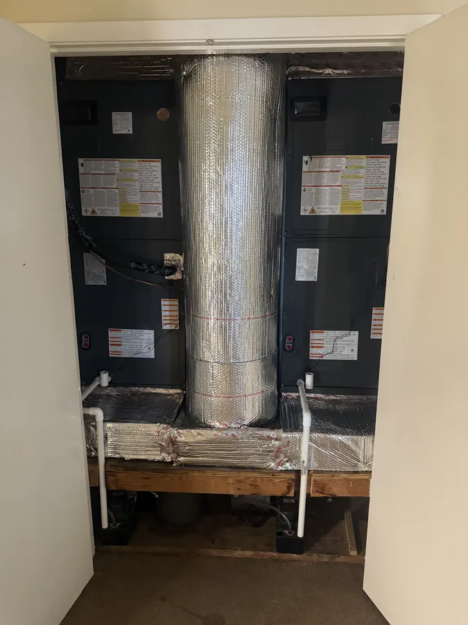 Newly installed dual Goodman air handlers after full system replacement, Morgan Hill
