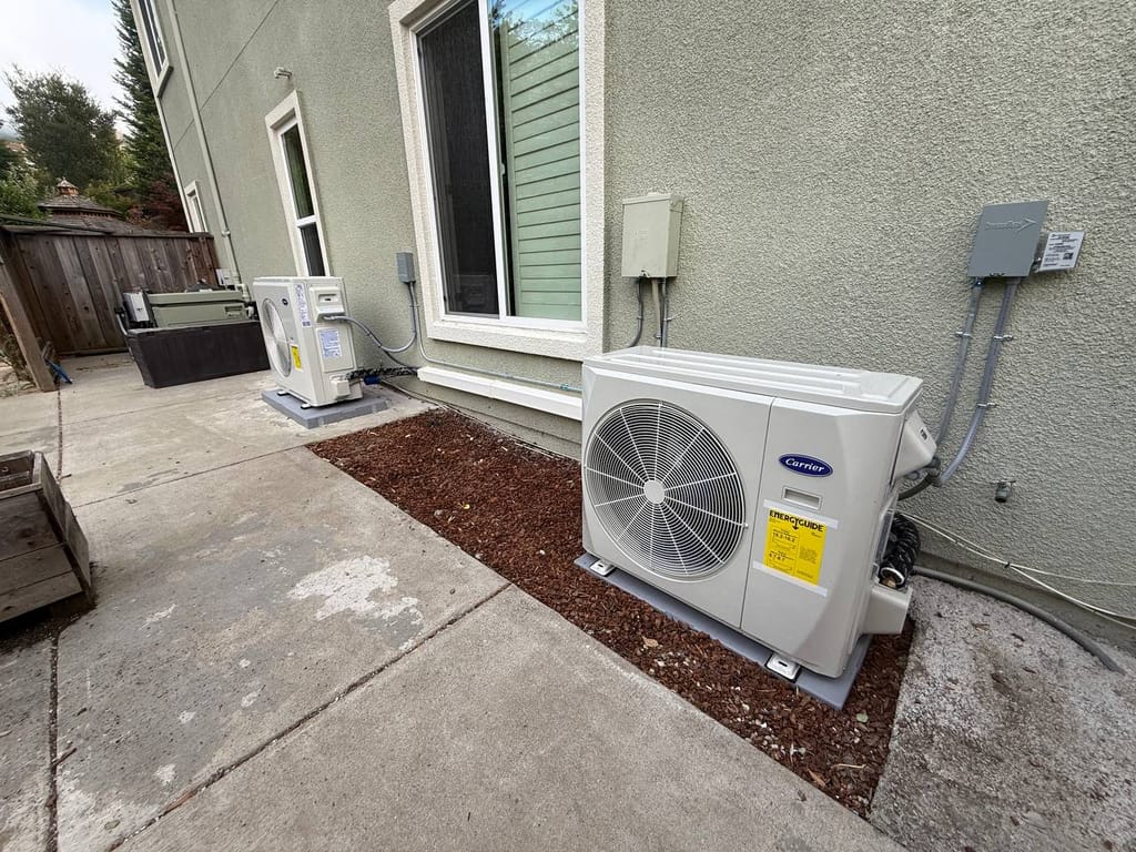 New Carrier 19 SEER heat pump outdoor unit installed in San Ramon