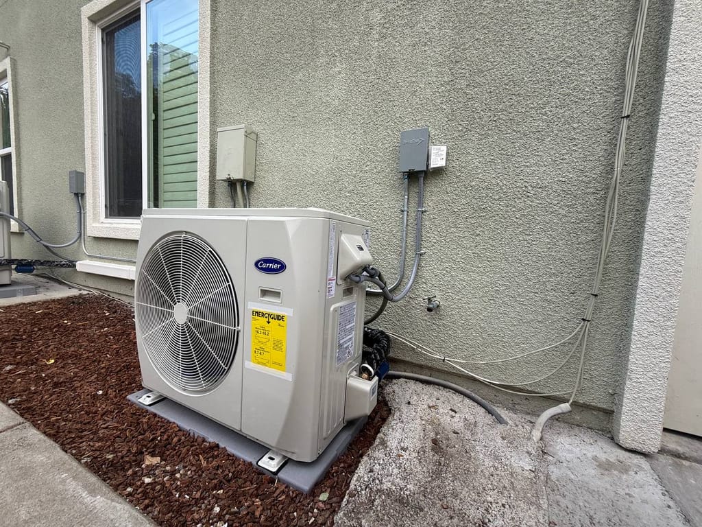 Carrier 19 SEER heat pump installation in progress — carrier condenser outdoor in San Ramon