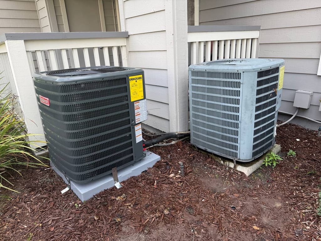 Goodman 18000 BTU heat pump install in San Ramon — equipment removal in progress