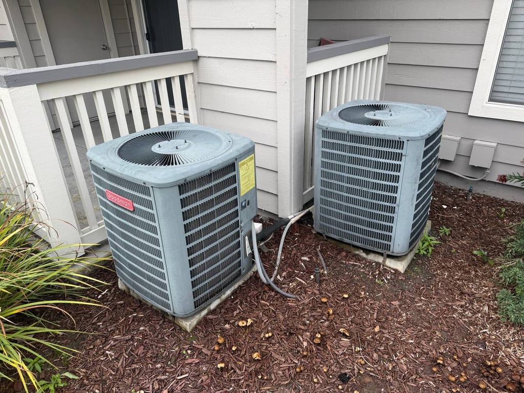 Two old outdoor condenser units before removal, San Ramon