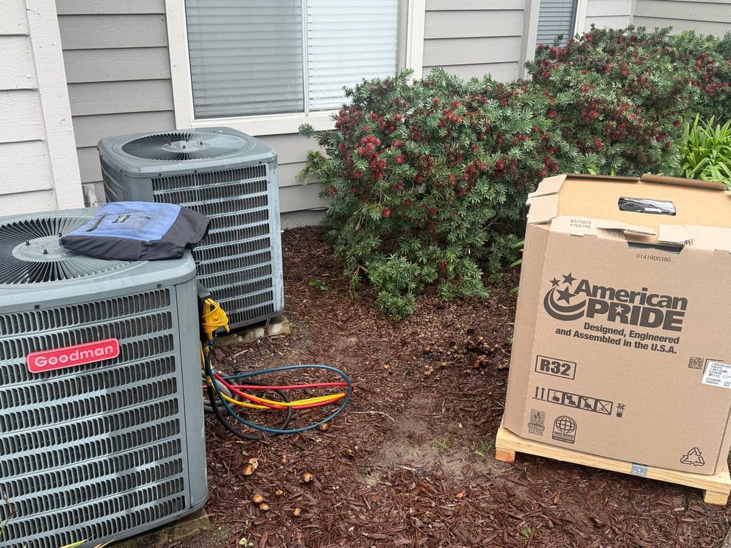 Goodman 18000 BTU heat pump install in San Ramon — equipment removal staging