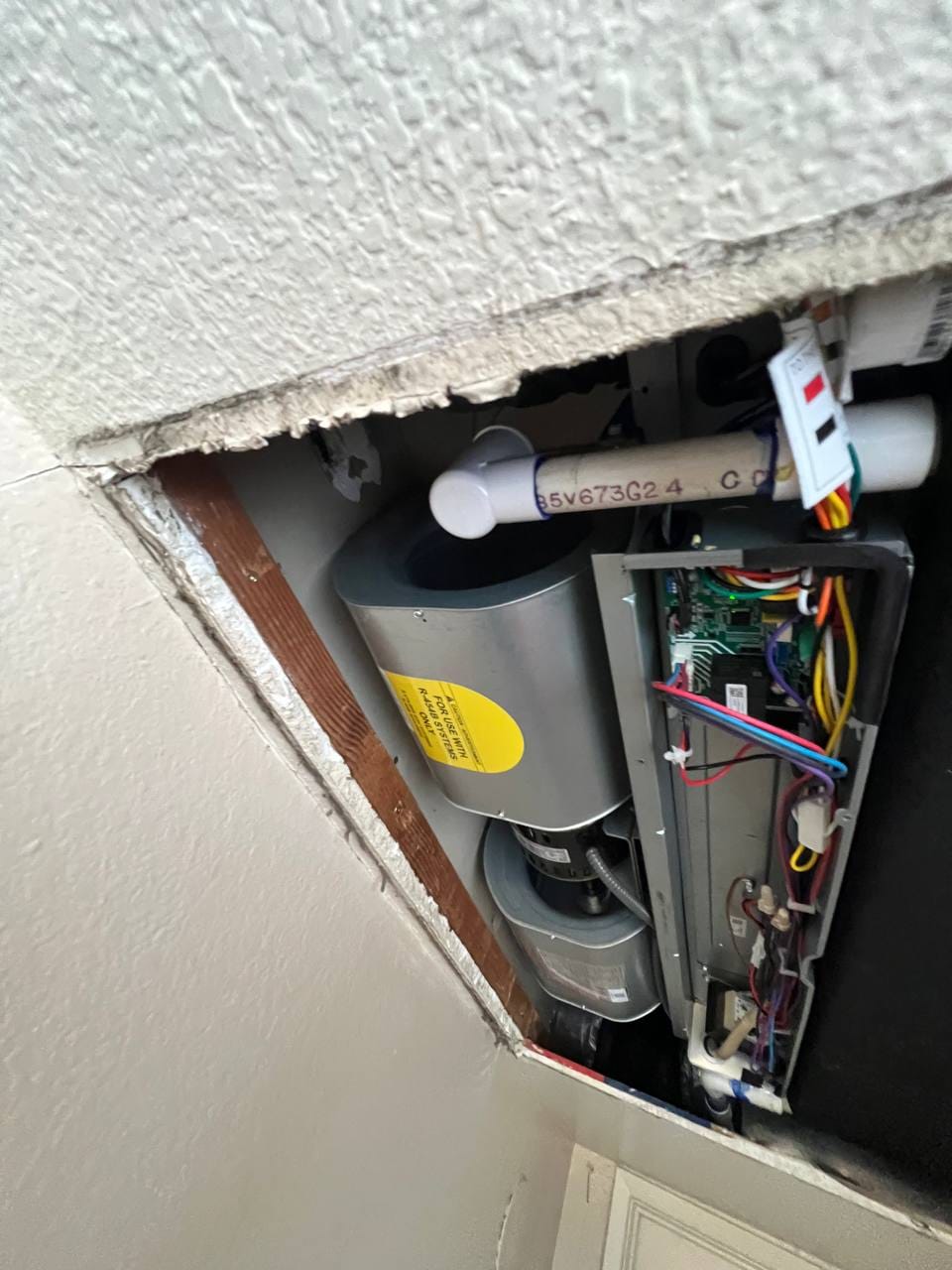 New air handler blower and wiring in ceiling cavity during install, San Ramon