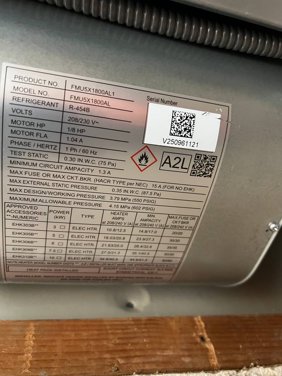 Nameplate of the new FMU5X1800AL R-454B air handler, San Ramon