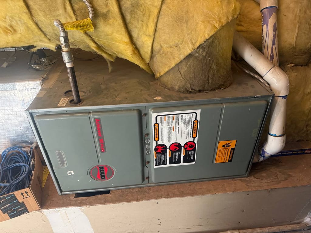 Ruud gas furnace as found, panels closed, before repair in Alamo