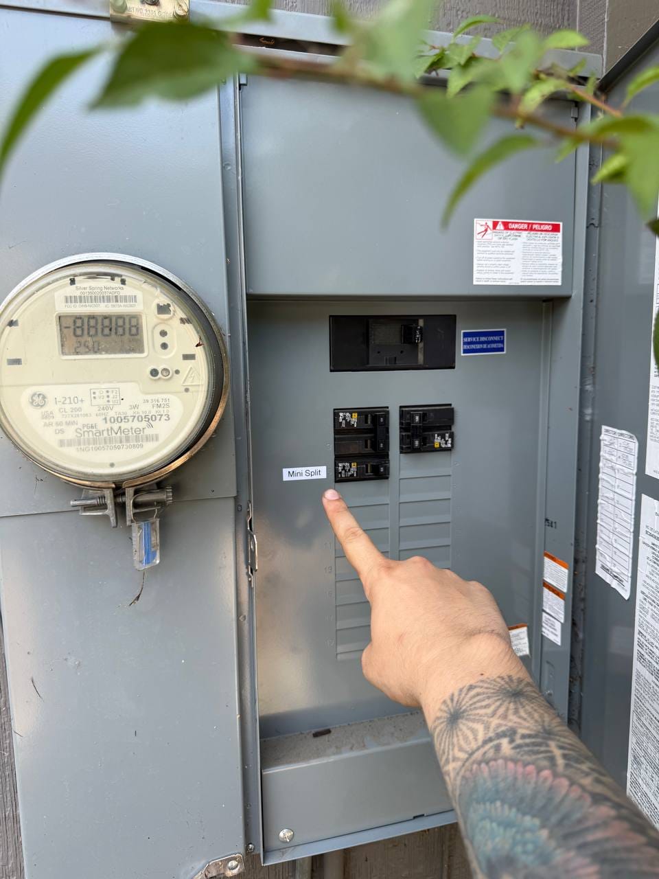Dedicated mini-split circuit breaker labeled in the electrical panel, The Athenian School, Danville