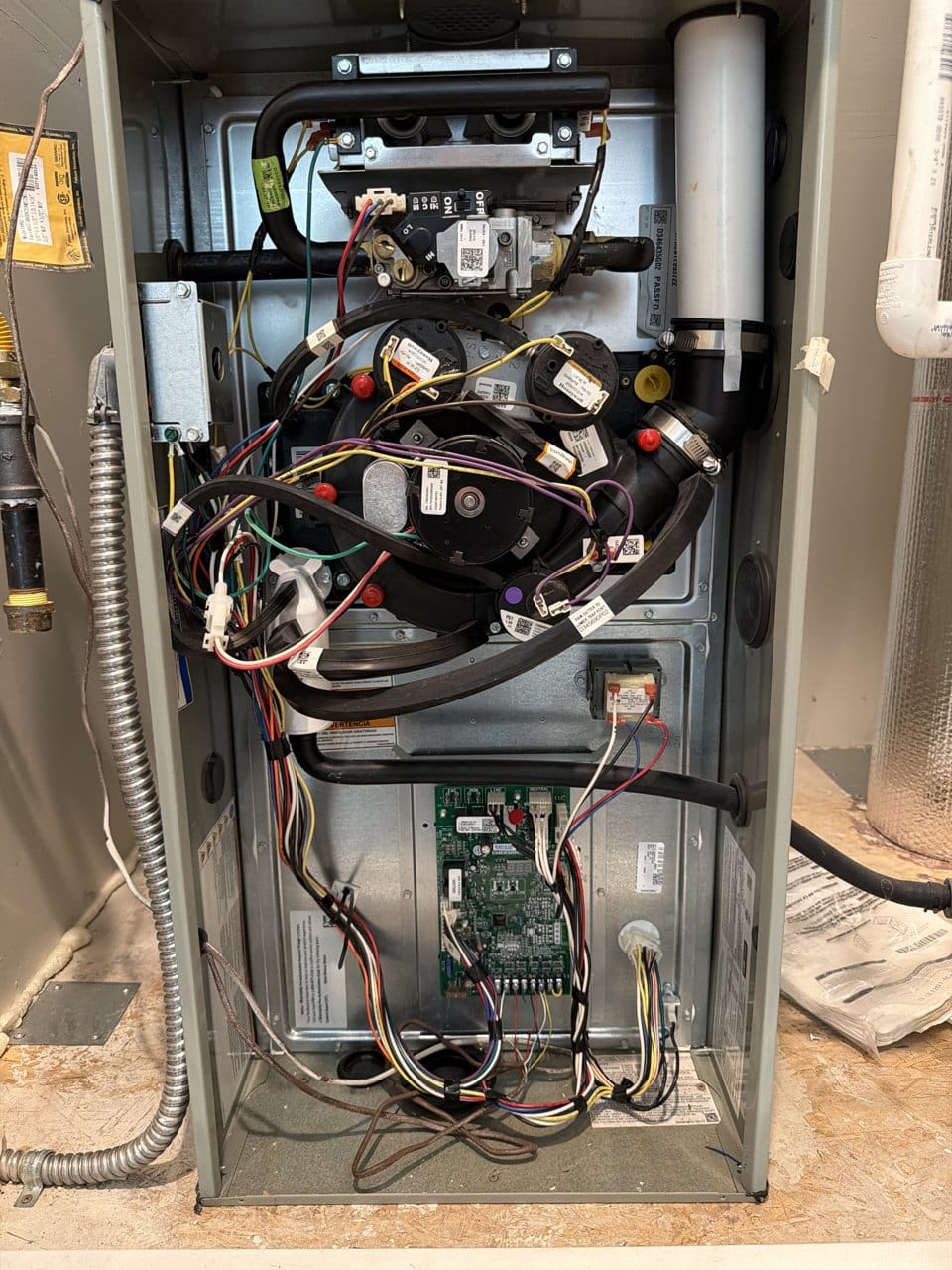 American Standard furnace opened up, control board and wiring where the fault was found, Fremont