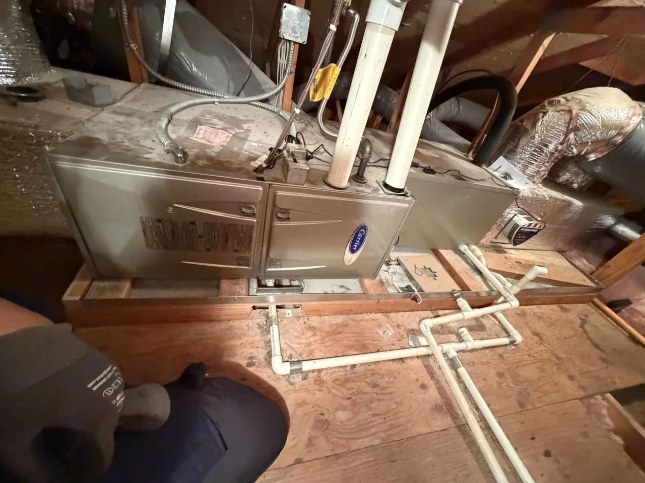 Carrier furnace in a San Mateo attic with the primary and emergency condensate drain lines