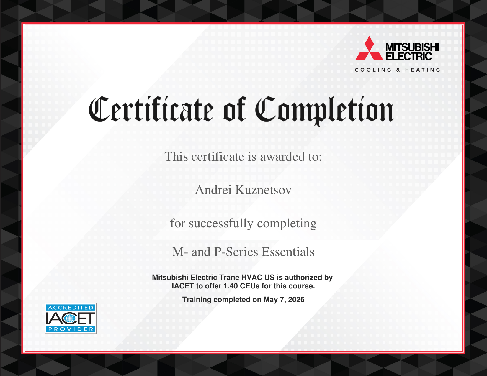 Mitsubishi Electric Certificate of Completion, M- and P-Series Essentials, awarded to Andrei Kuznetsov, training completed May 7 2026