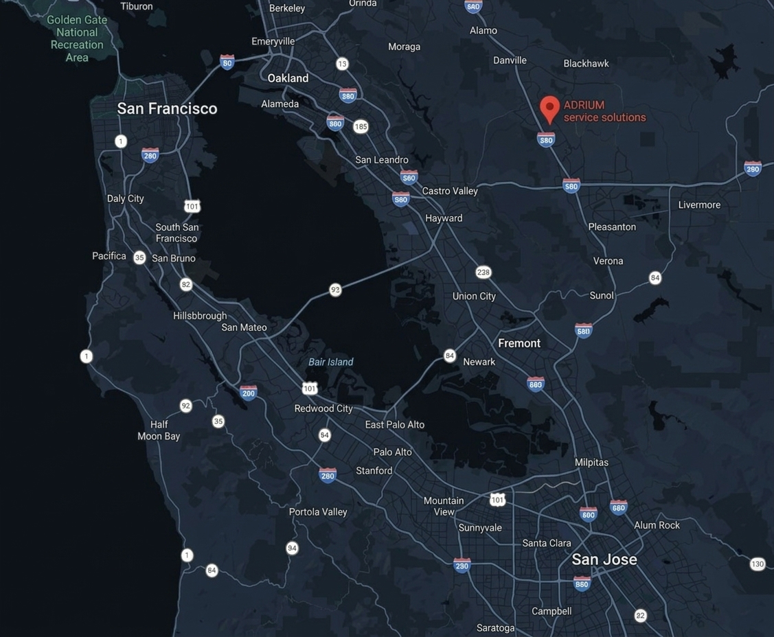 Bay Area HVAC Service coverage map showing Tri-Valley, Diablo Valley, East Bay, and South Bay service areas